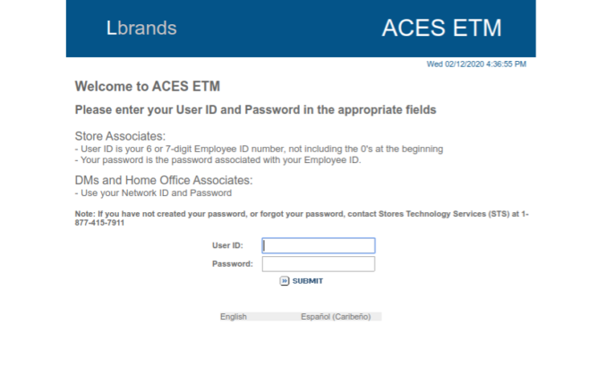 Limited Brands Aces Login Aces ETM Aces Limited Brands Scheduling 